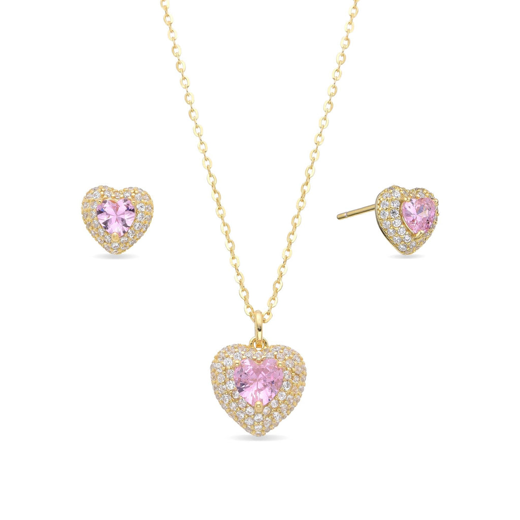 18k Gold Plated 925 Sterling Silver Pink Heart Set with Zircons-Necklaces-GULI GULI