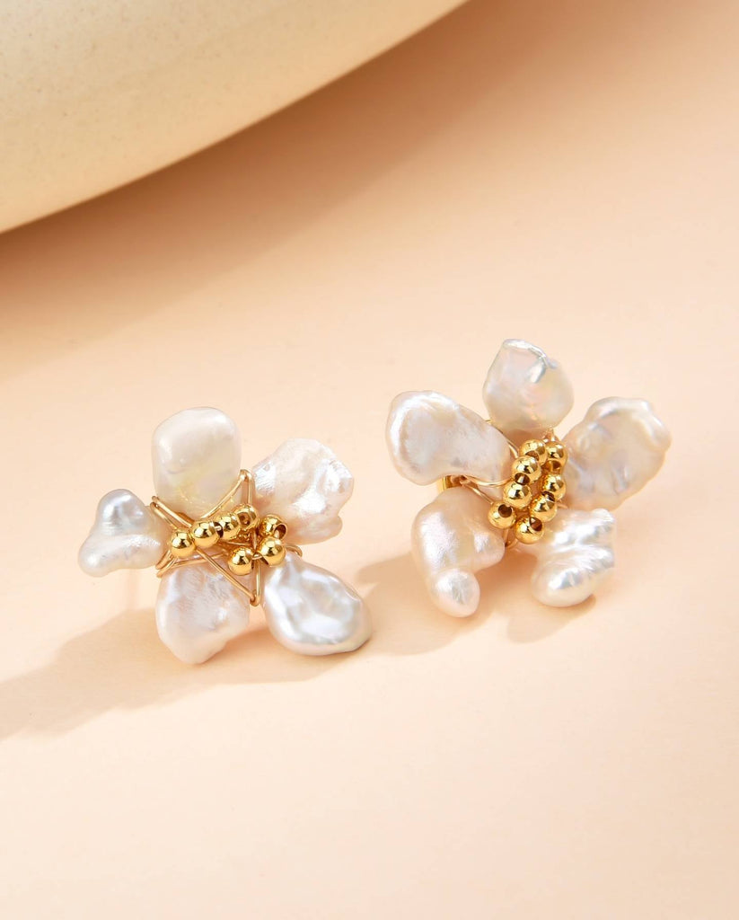 18k Gold Plated Baroque Pearl Floral Earrings-Earrings-OSA BEA