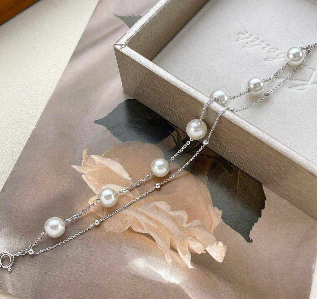 925 Silver Double Chain Bracelet with Pearls Timeless Sophistication-Bracelets-GULI GULI