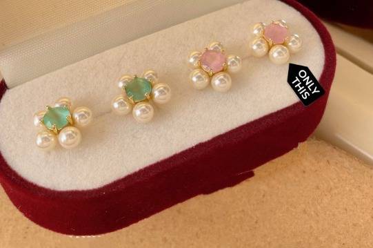 925 Silver Earrings with Floral Design Pearls and Pink Stone with 18k Gold Plating-Earrings-GULI GULI