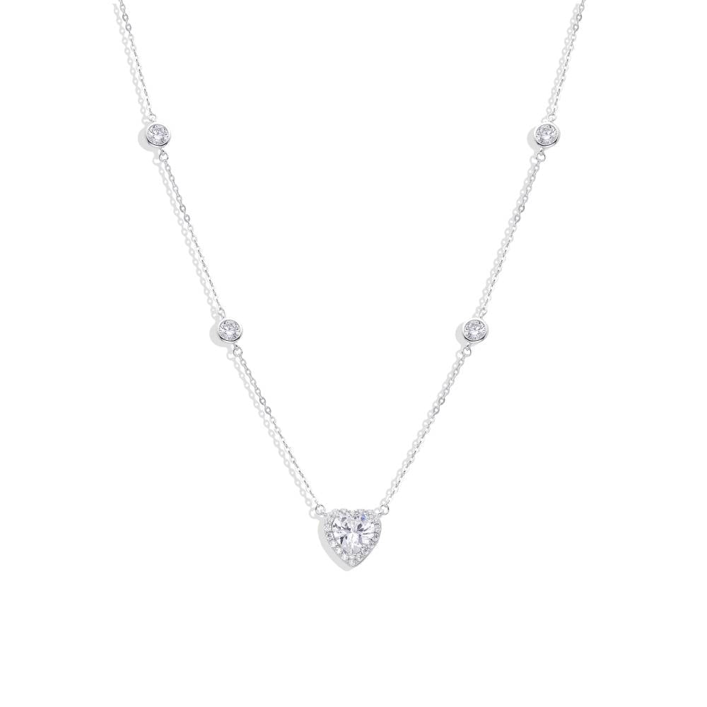 925 Sterling Silver Necklace with Heart Pendant and Zirconia on its Chain.-Necklaces-GULI GULI