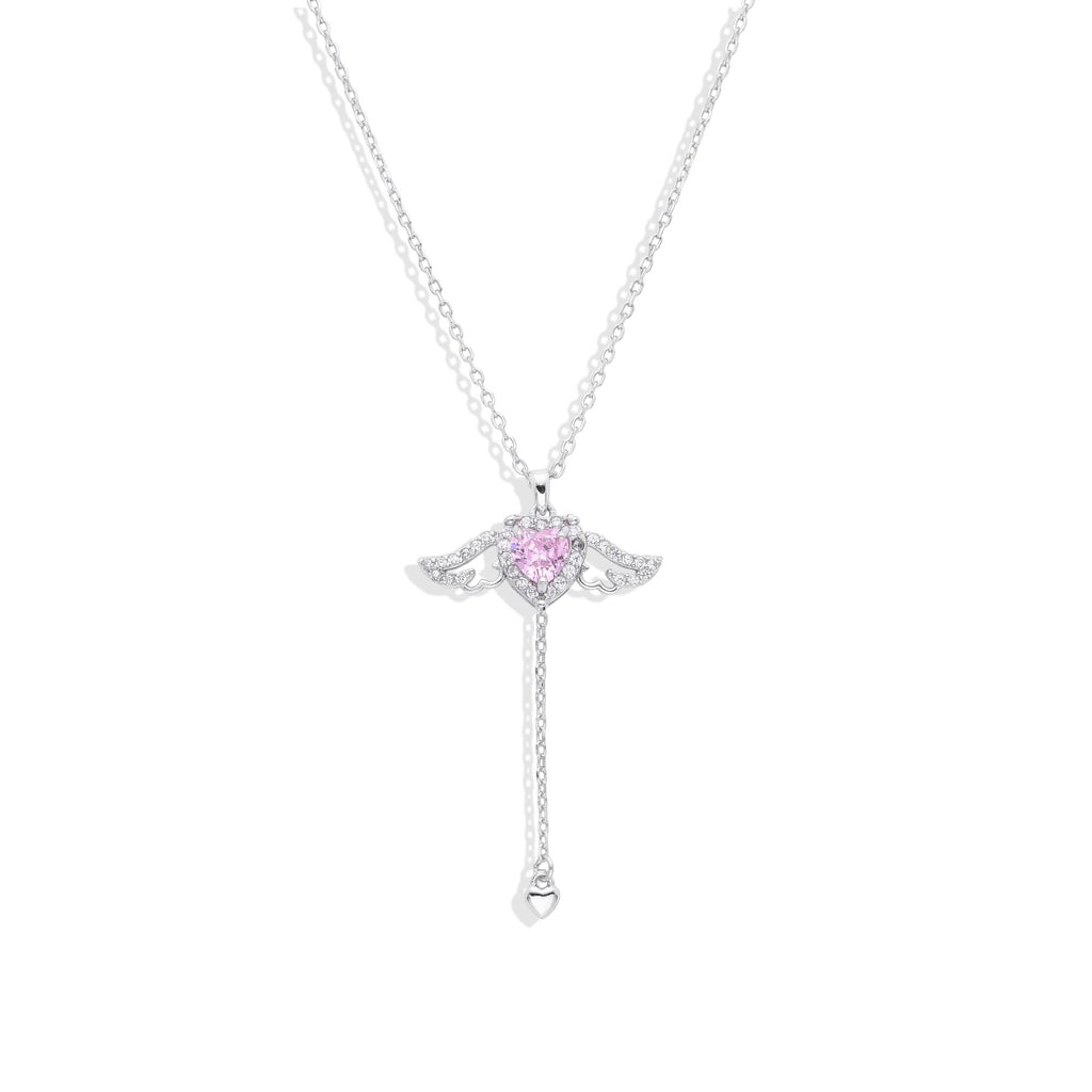 925 Sterling Silver Necklace with Heart Pink with Wings-Necklaces-NEW WEI