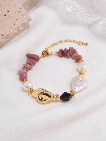 Adjustable Baroque Pearl and Pink Semi-Precious Stone Bracelet-Bracelets-YIWU SHUO QIPEARL