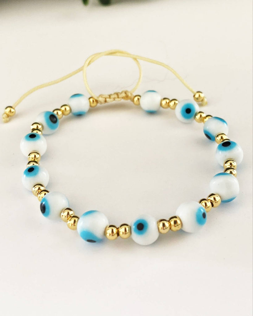 Adjustable Beige Thread Bracelet in Gold Filled with Blue Turkish Eyes-Bracelets-Vila veloni corp