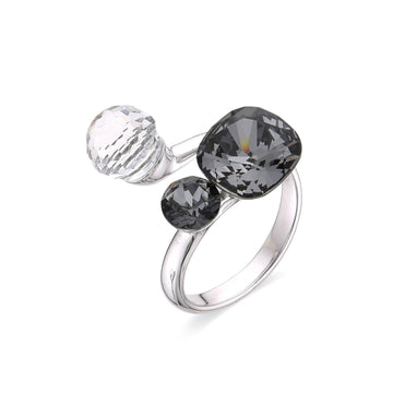 Adjustable Black Ring with Clear Swarovski in 925 Sterling Silver-Rings-GULI GULI