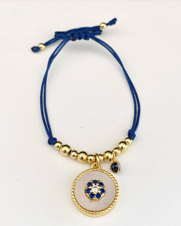 Adjustable Blue Thread Bracelet with Circular Pendant in Zirconia Gold Filled with 18k Gold Plated-Bracelets-Vila veloni corp