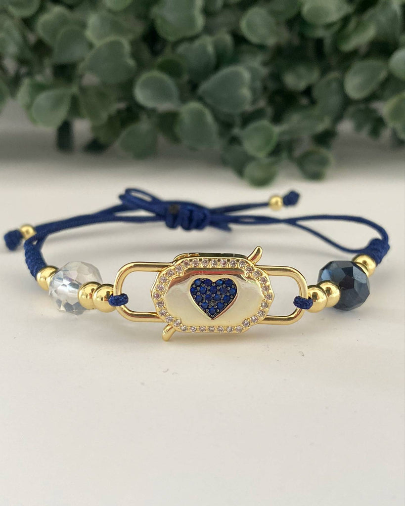 Adjustable Blue Thread Bracelet with Crystals Heart Pendant with Zirconia in Brass with 18k Gold Plated-Bracelets-Vila veloni corp