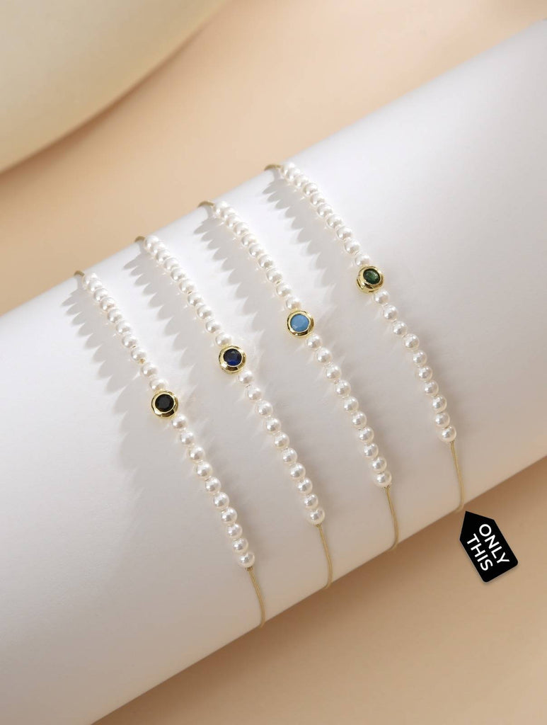 Adjustable Cultured Pearl Bracelet with Green Semi Precious Stone Detail-Bracelets-Peling