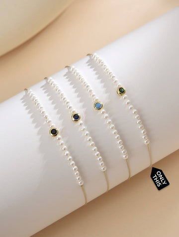 Adjustable Cultured Pearl Bracelet with Green Semi Precious Stone Detail-Bracelets-Peling