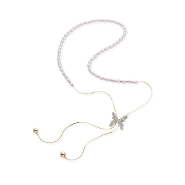 Adjustable Pearl Necklace with Butterfly Pendant in Zirconia-Necklaces-YIA SILVER