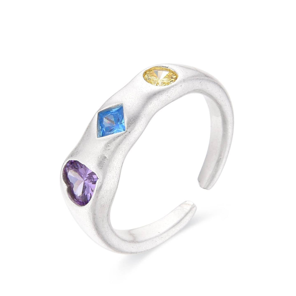 Adjustable Purple Heart Ring in Silver Fashion with Multicolor Zircons-Rings-ROMANE