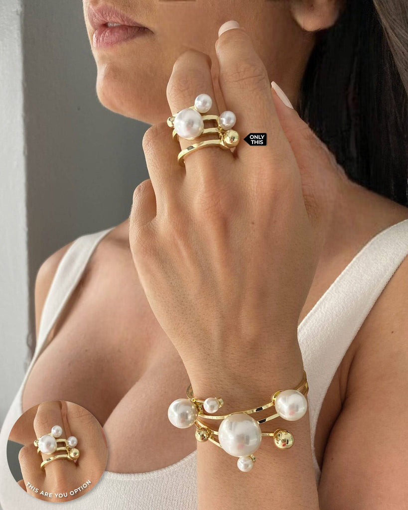Adjustable Ring with Synthetic Pearls in Brass-Rings-NEW WEI