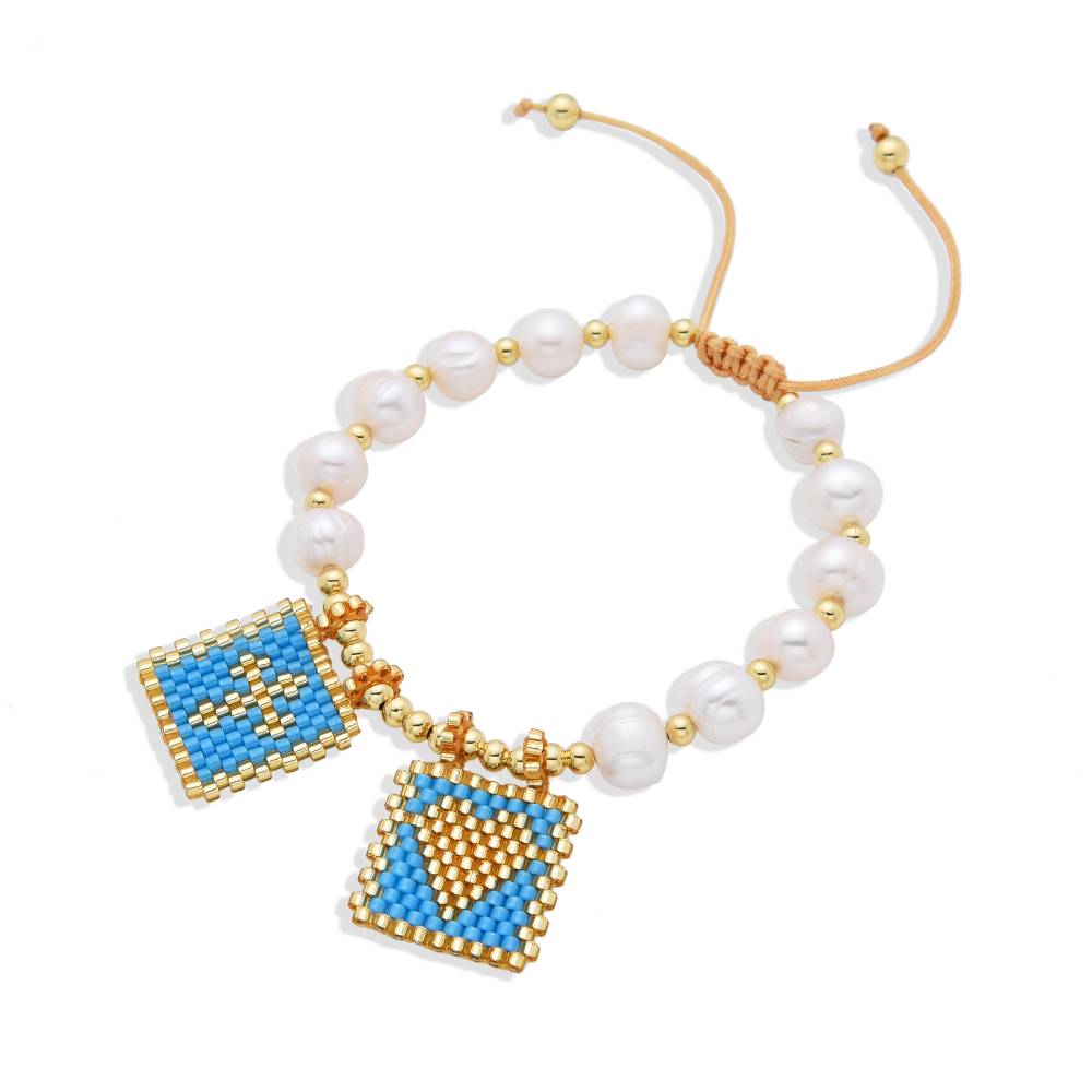 Adjustable Scapular Bracelet with Cultured Pearls & Blue Miyuki-Bracelets-BOJO