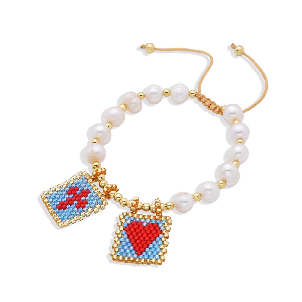 Adjustable Scapular Bracelet with Cultured Pearls & Blue Miyuki-Bracelets-BOJO