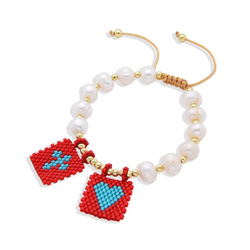 Adjustable Scapular Bracelet with Cultured Pearls & Red Miyuki-Bracelets-BOJO