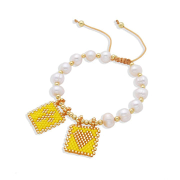 Adjustable Scapular Bracelet with Cultured Pearls & Yellow Miyuki-Bracelets-BOJO