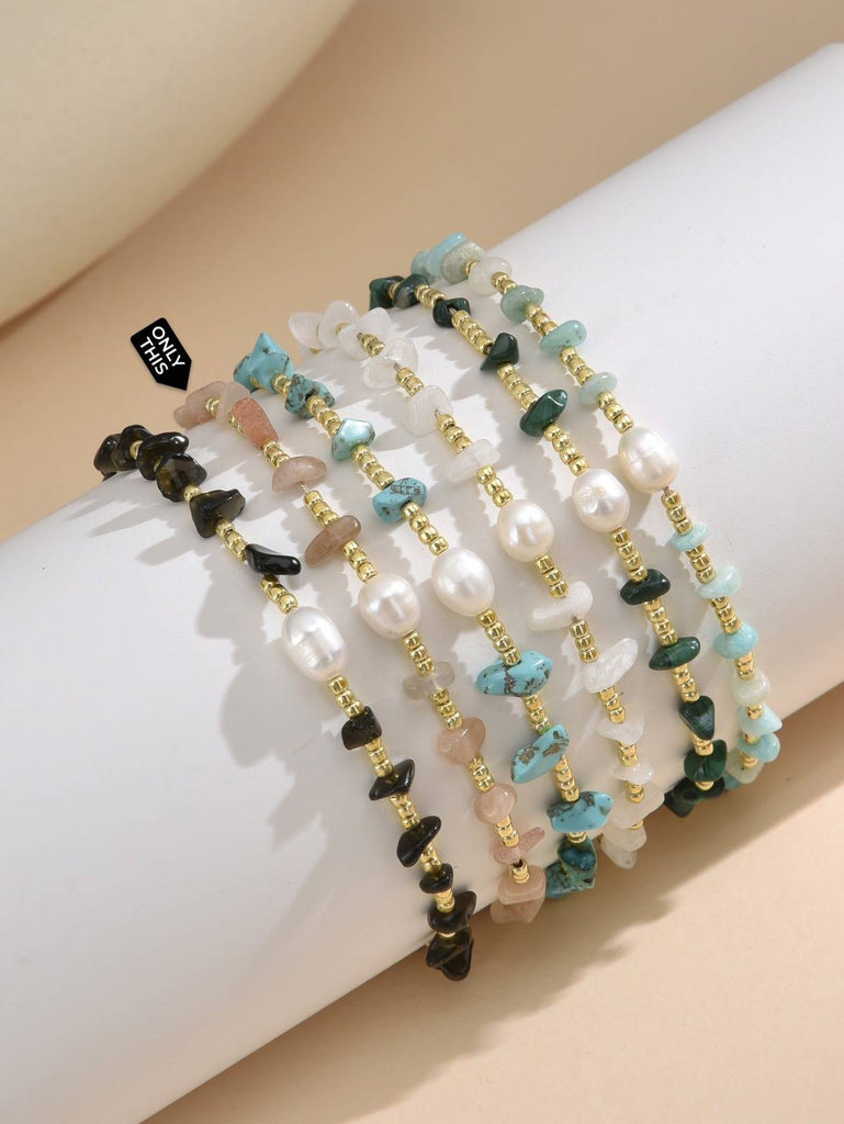 Adjustable Strand Bracelet with Cultured Pearls and Semi-Precious Stones in Beige-Bracelets-Peling