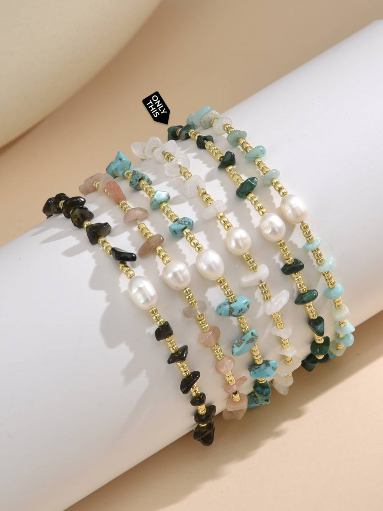 Adjustable Thread Bracelet with Green Semi-Precious Stones and Pearl-Bracelets-Peling