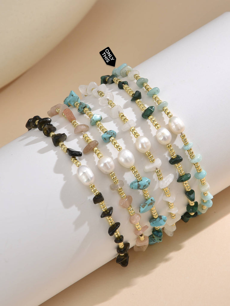 Adjustable Thread Bracelet with Mint Green Semi-Precious Stones and Pearl-Bracelets-Peling