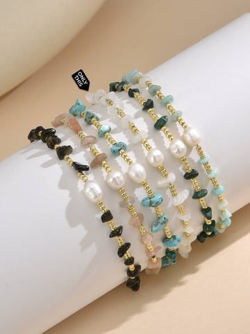 Adjustable Thread Bracelet with White Semi-Precious Stones and Pearl-Bracelets-Peling