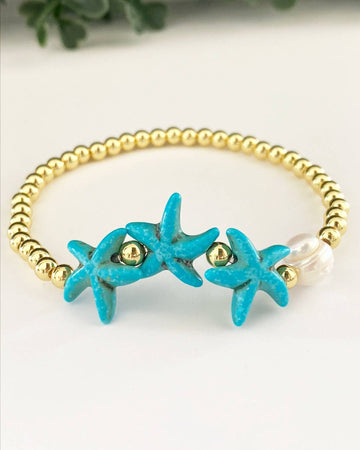 Adjustable Turquoise Starfish Bracelet with Gold Filled Beads and Cultured Pearl-Bracelets-Vila veloni corp