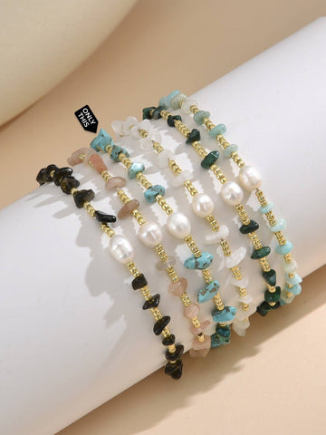 Adjustable Turquoise Strand Bracelet with Cultured Pearls and Semi-Precious Stones-Bracelets-Peling