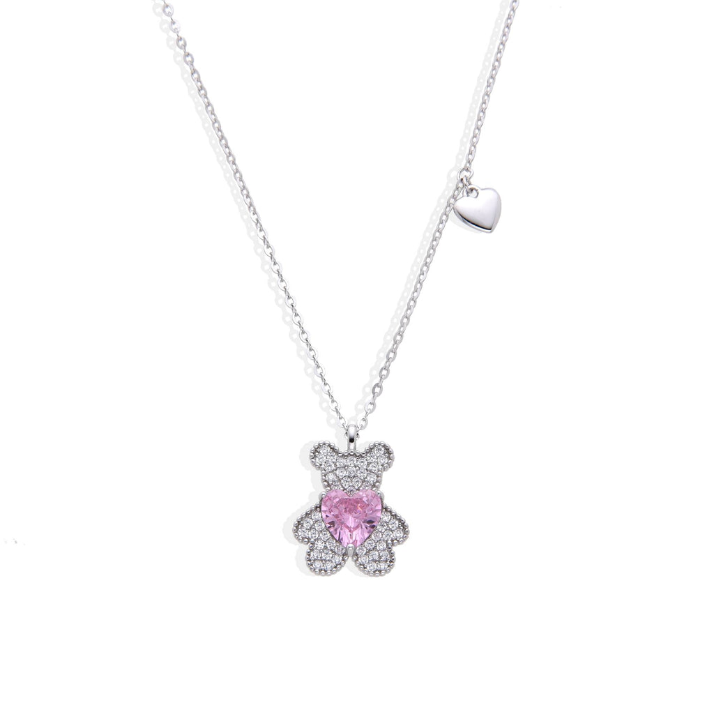 Bear Necklace with Pink Zircon Heart in 925 Sterling Silver with Micro Zircons-Necklaces-GULI GULI