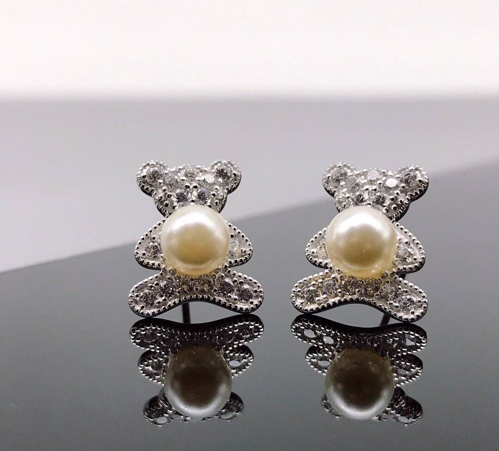 Bear Shaped Earrings with Pearl and Zirconia in 925 Silver-Earrings-GULI GULI