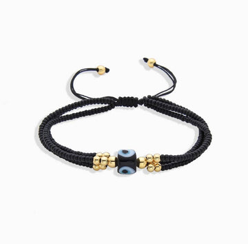 Black Miyukis Adjustable Bracelet with Turkish Eye Pendant.-Bracelets-BOJO