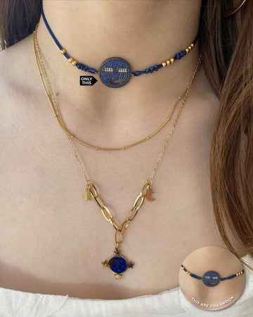 Blue Thread Necklace with Happy Face Pendant with Zirconia in Brass with 18k Gold Plated-Necklaces-Vila veloni corp