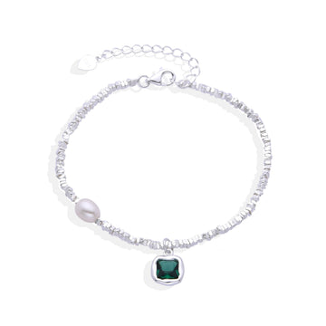 Bracelet 925 Sterling Silver with Green Zirconia Square-Bracelets-NEW WEI