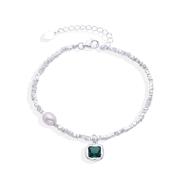 Bracelet Silver Fashion with Green Zirconia Square-Bracelets-NEW WEI