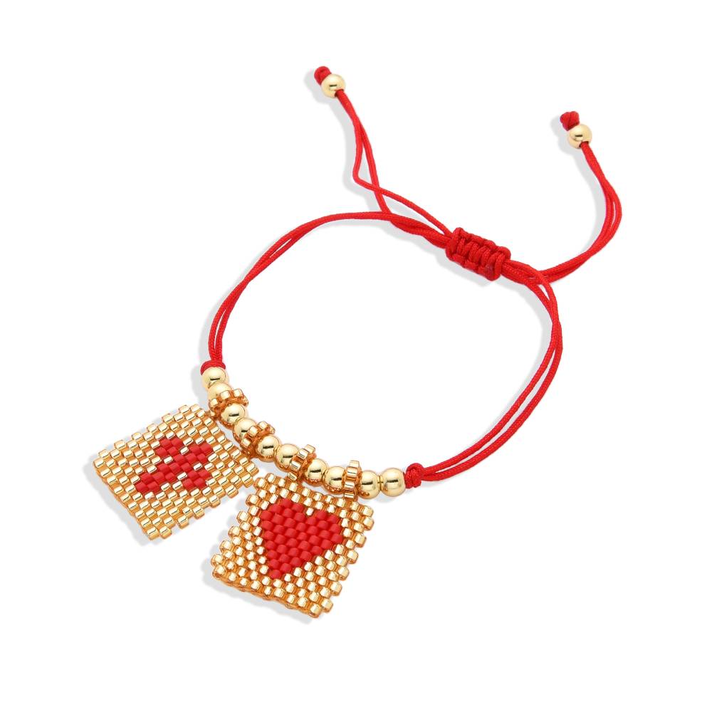 Bracelet of Love: Red String with Gold Miyuki Heart and Cross Charms-Bracelets-BOJO