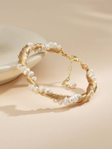 Bracelet with Intertwined Wire Design with Cultured Pearls in 18k Gold Plated-Bracelets-Baishangmei