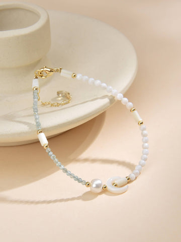 Bracelet with Moon Pendant with Pearls and Semiprecious Stones and Crystals with 18k Gold Plating-Necklaces-Baishangmei