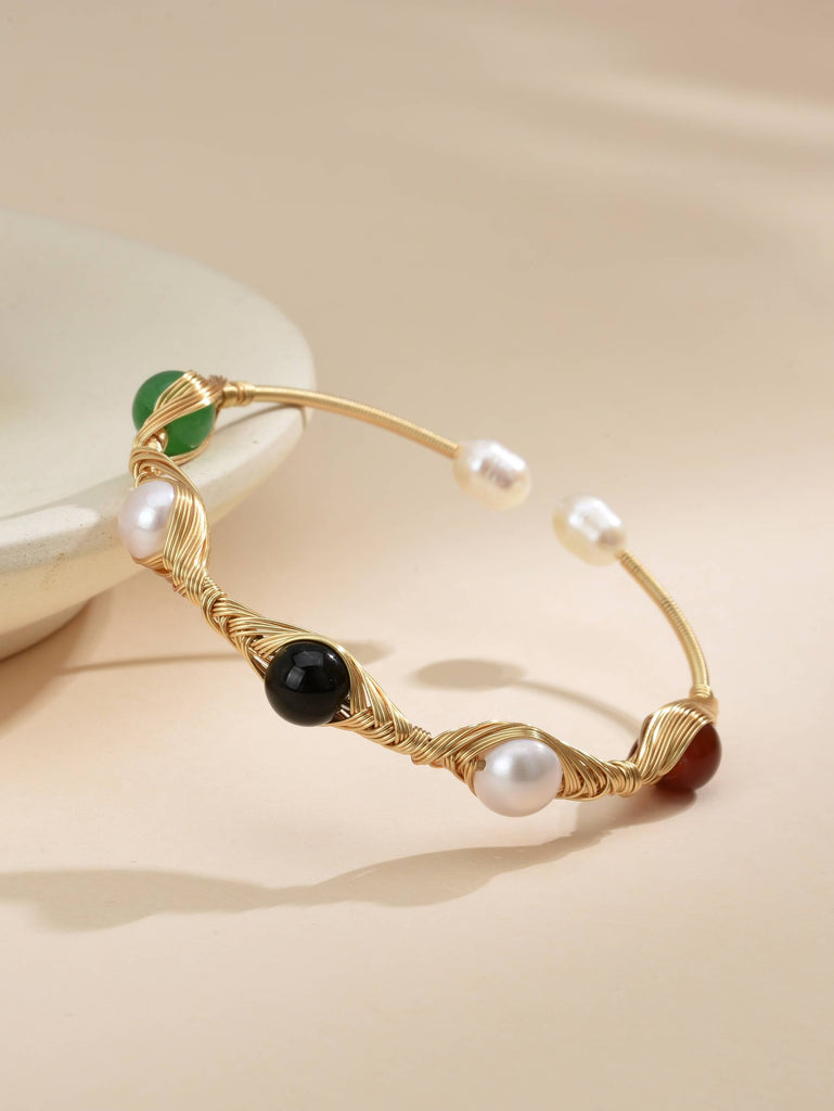 Bracelet with Pearls and Semi-Precious Stones Intertwined in 18k Gold Plated Brass-Bracelets-Baishangmei