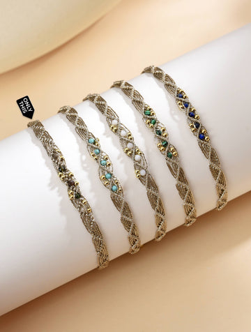 Bracelet with Platinum-plated Intertwined Thread and Green and Brown Semi-Precious Stones-Bracelets-Peling