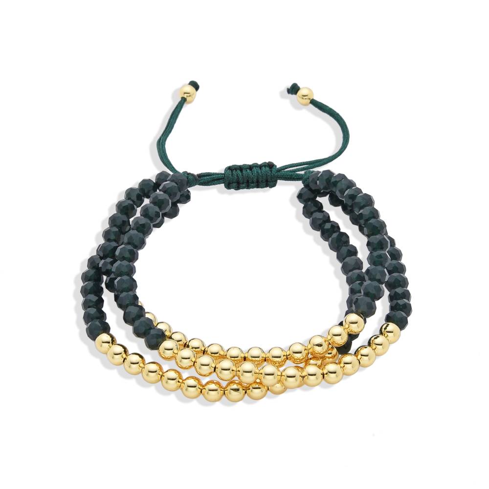 Brilliant Adjustable Thread Bracelet with Golden Beads and Fine Green Crystals-Bracelets-BOJO