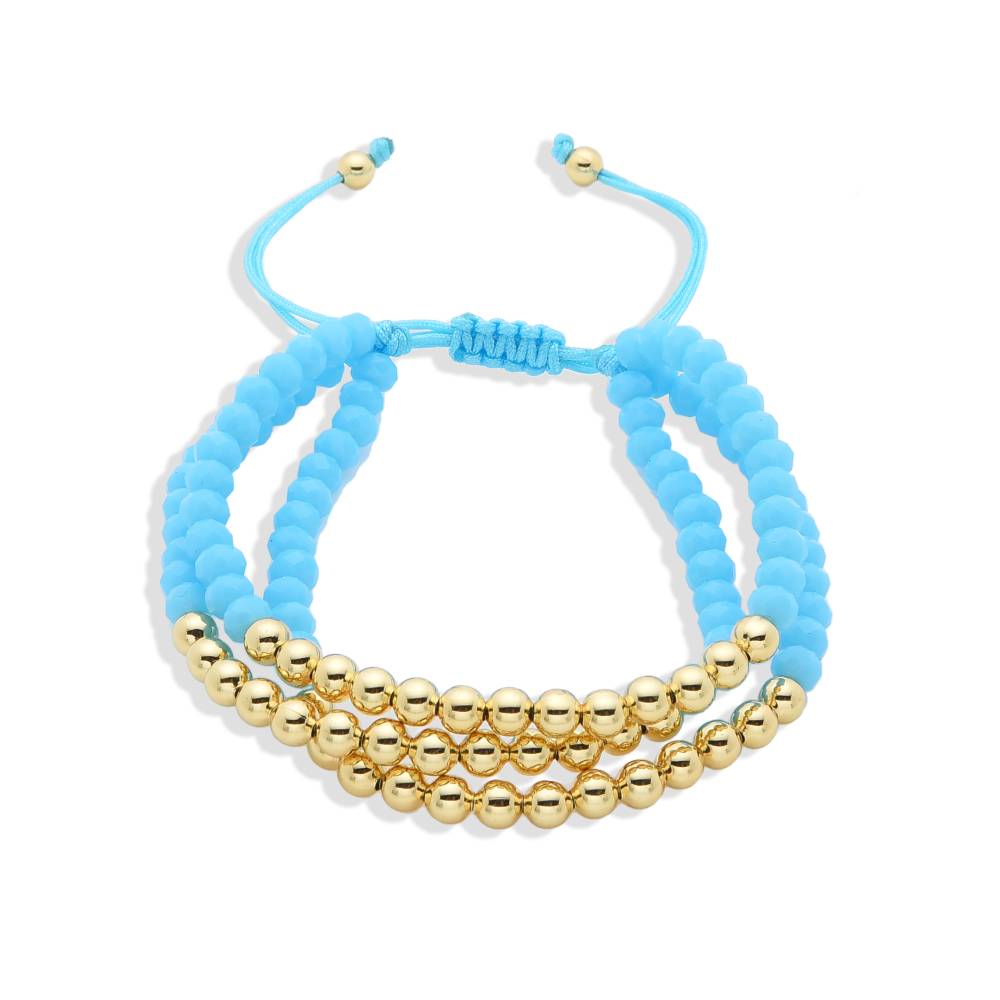 Brilliant Adjustable Thread Bracelet with Golden Beads and Fine Sky Blue Crystals.-Bracelets-BOJO