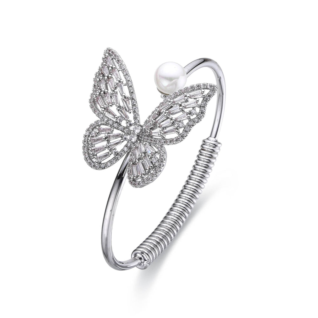 Butterfly Bracelet with Zirconia and Pearls in Silver Fashion-Bracelets-NEW WEI