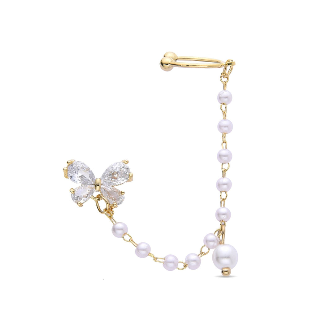 Butterfly Ear Cuff Earring with Faceted Zircons and Pearls.-Earrings-ROMANE