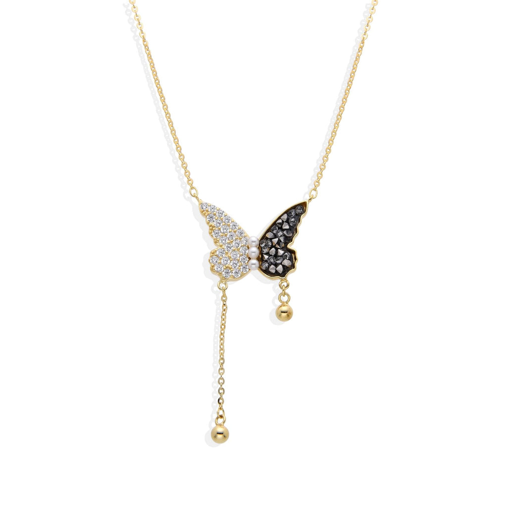 Butterfly Necklace in 18k Gold Plated 925 Sterling Silver with Black Zircons-Necklaces-GULI GULI