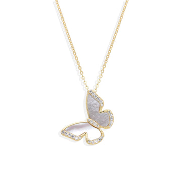 Butterfly Necklace with Nacre Wings in 18k Gold Plated 925 Sterling Silver and Zircons-Necklaces-GULI GULI