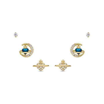 Celestial Charm of Multi Earrings with Blue Heart and Moons in 925 Silver with 18k Gold Plated and Zirconia-Earrings-GULI GULI