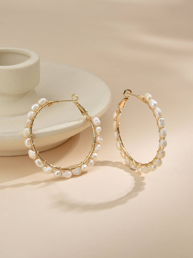 Circular Earrings in Brass and 18k Gold Plating with Pearls-Bracelets-Baishangmei