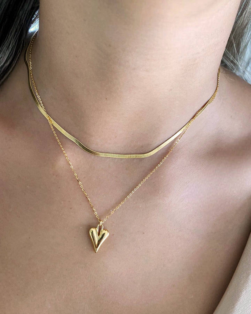 Classic Double Chain Heart Pendant Necklace 24k Gold Plated Sterling Silver-Necklaces-GULI GULI