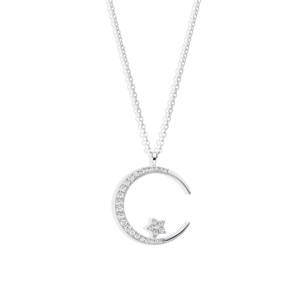 Crescent Moon and Micro Zirconia 925 Silver Necklace-Necklaces-GULI GULI