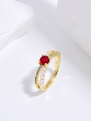 Cross Design Ring with Pearl and Zirconia in 18k Gold Plated-Rings-JOYERIA OA XINGYE