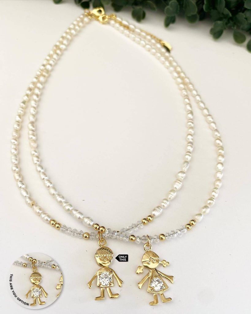 Cultured Pearl Necklace with Child Pendant and Zirconia in Brass-Necklaces-Vila veloni corp