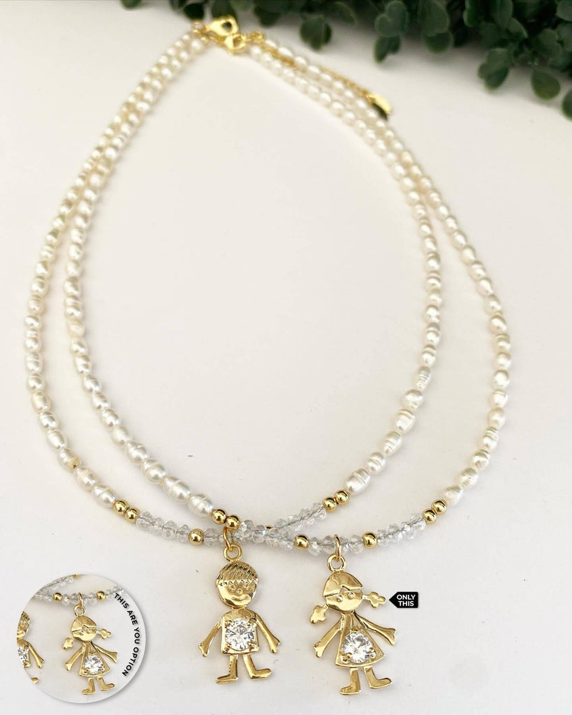 Cultured Pearl Necklace with Girl's Pendant and Zirconia in Brass-Necklaces-Vila veloni corp